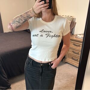 Women’s White baby Tee with Gray Script